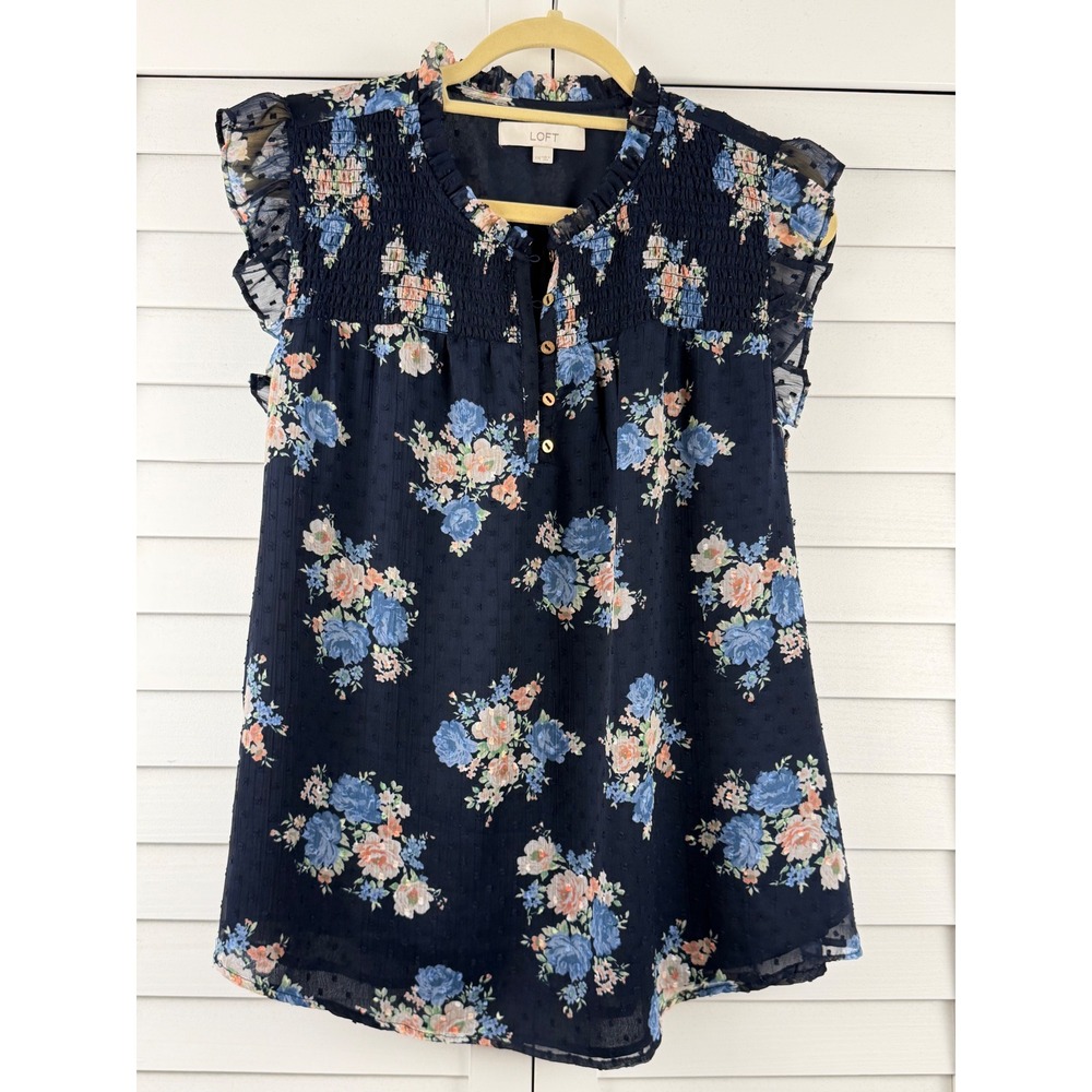 LOFT Floral Ruffle Blouse Women XXL Navy Blue Smocked Clip Dot Top